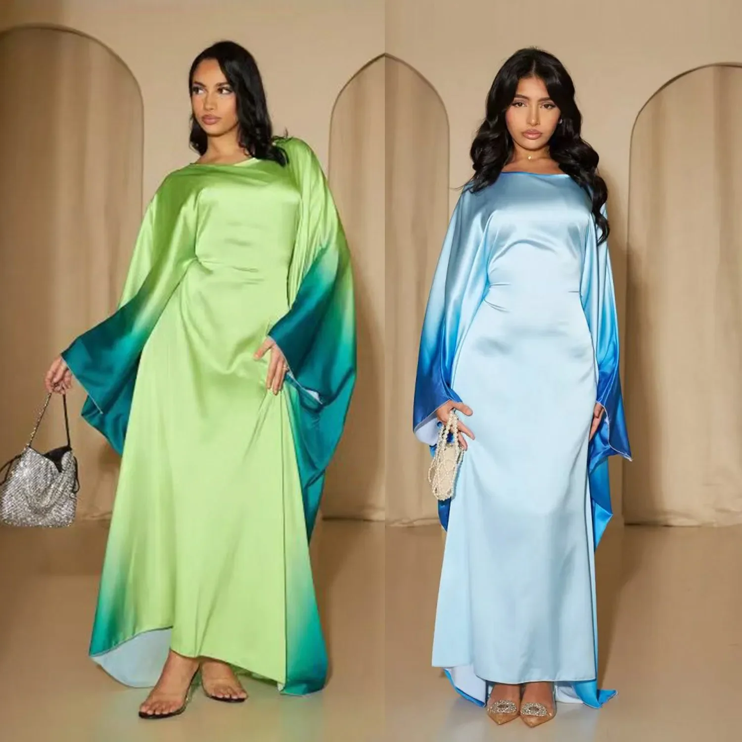 Butterfly Abaya Inside Belt Muslim Party Long Dress Gradient Satin Abayas for Women Dubai Turkey Islamic Clothes Eid Kaftan Robe