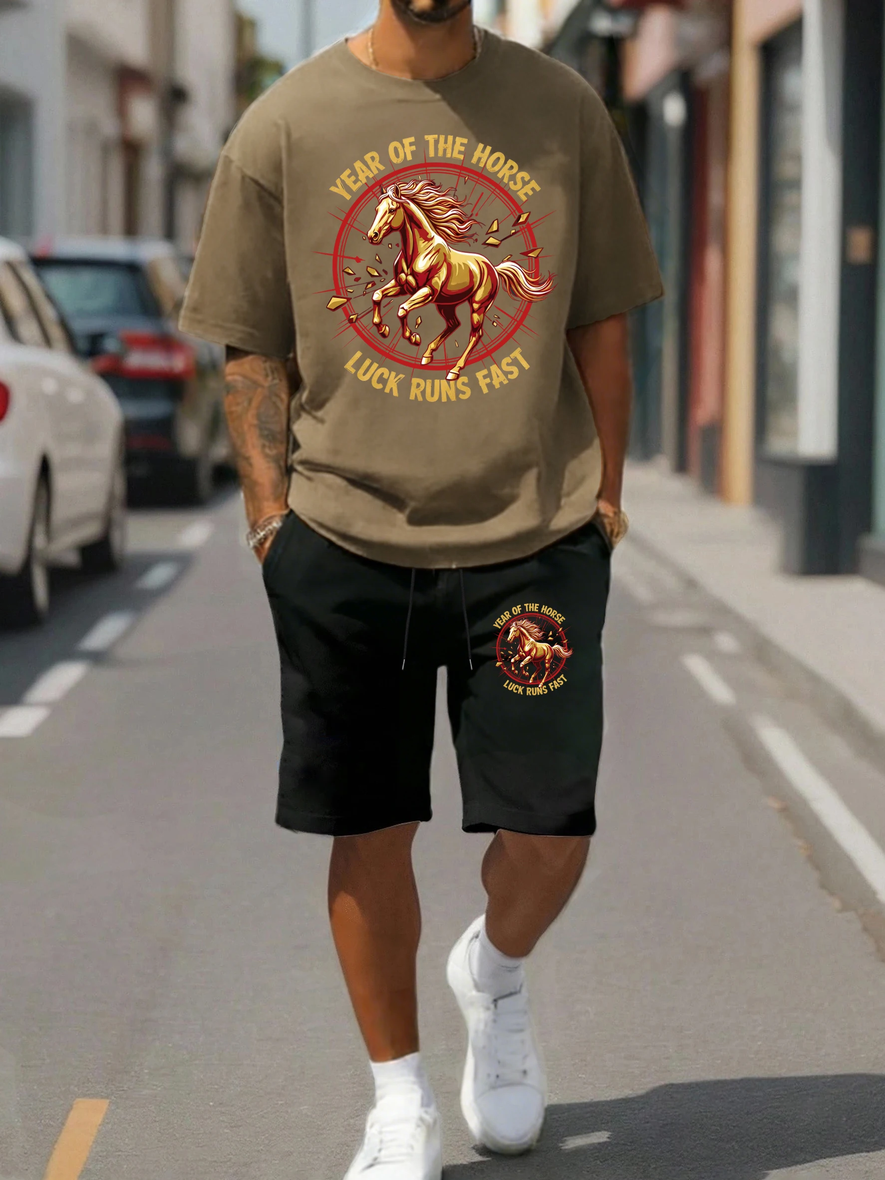 

Year Of The Horse Luck Runs Fast Print T Shirt Suit Men Summer O-Neck Cotton Tee Loose Drawstring Shorts Unisex Casual Streetset