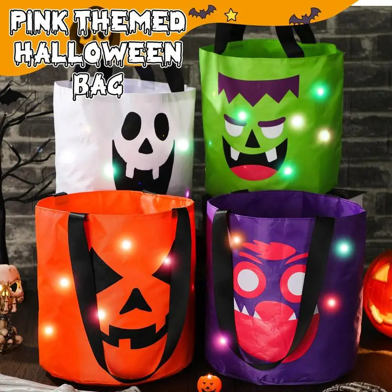 قطعة واحدة من دلو حلوى الهالوين مع حقيبة خدعة أو علاج بإضاءة LED وحقيبة حلوى اليقطين لمستلزمات حفلات أعياد الميلاد في الهالوين