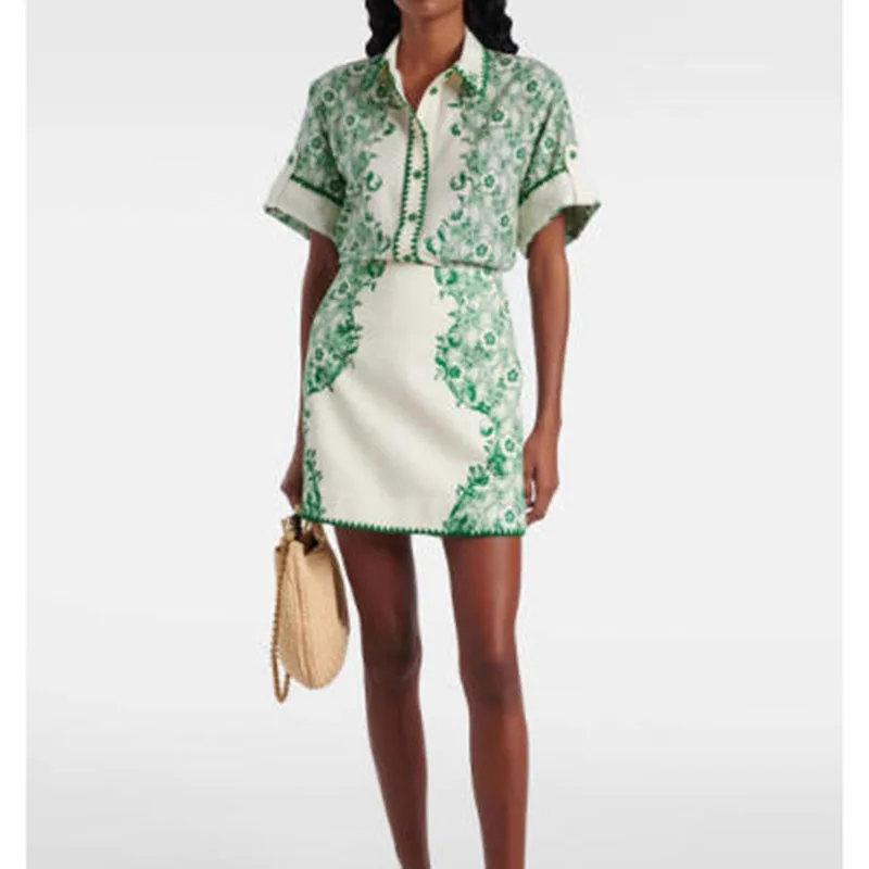 

Женская хлопково-льняная рубашка с высокой талией, мини-юбка, модный принт с коротким рукавом, осень 202, Новое поступление, элегантный женский комплект