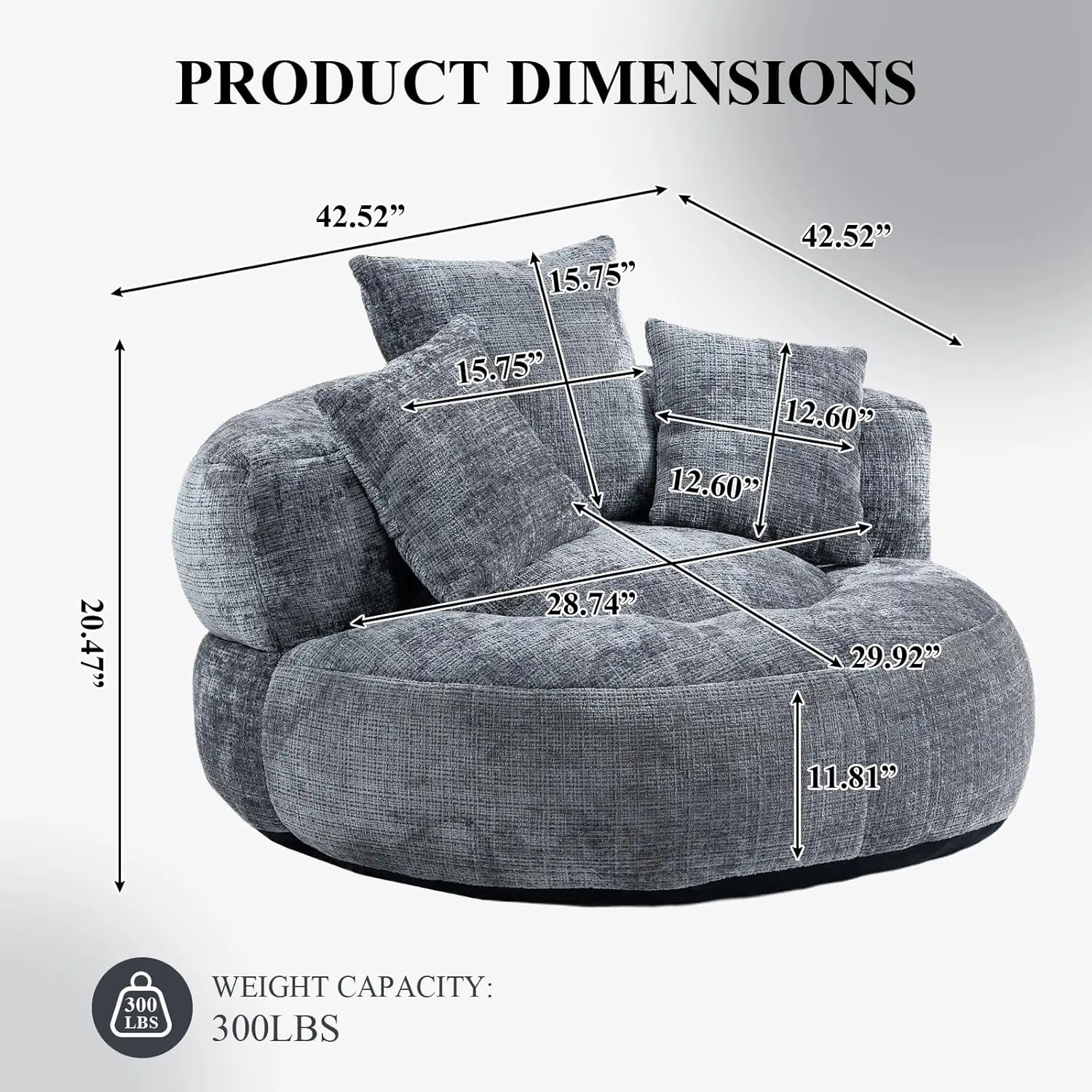 Round Bean Bag Chair For Adult, Chenille Upholstered Bean Bag Sofa With Pillows, Giant Bean Bag Couch With Thick Cushion,