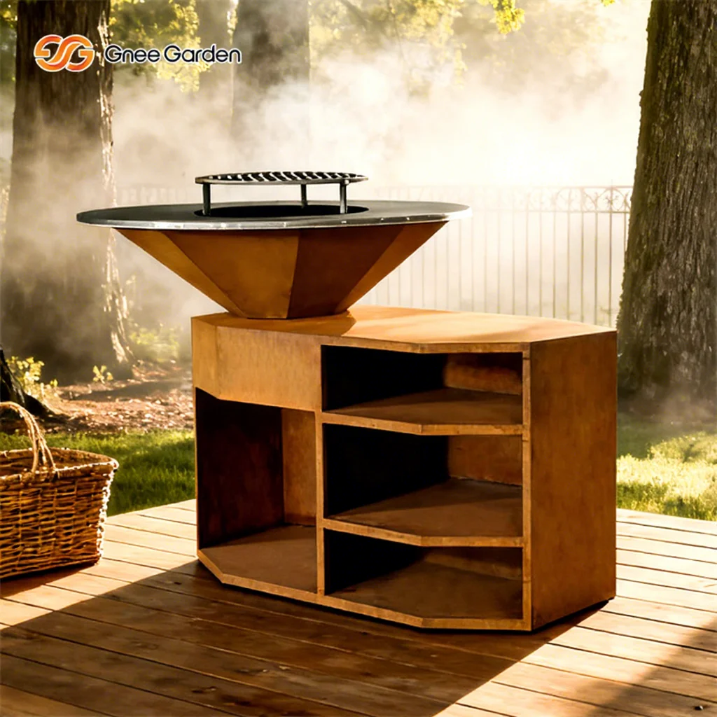 Corten Steel Fire Pit with BBQ Barbecue Grill Outdoor Fire Pit Cooking BBQ Charcoal Grill
