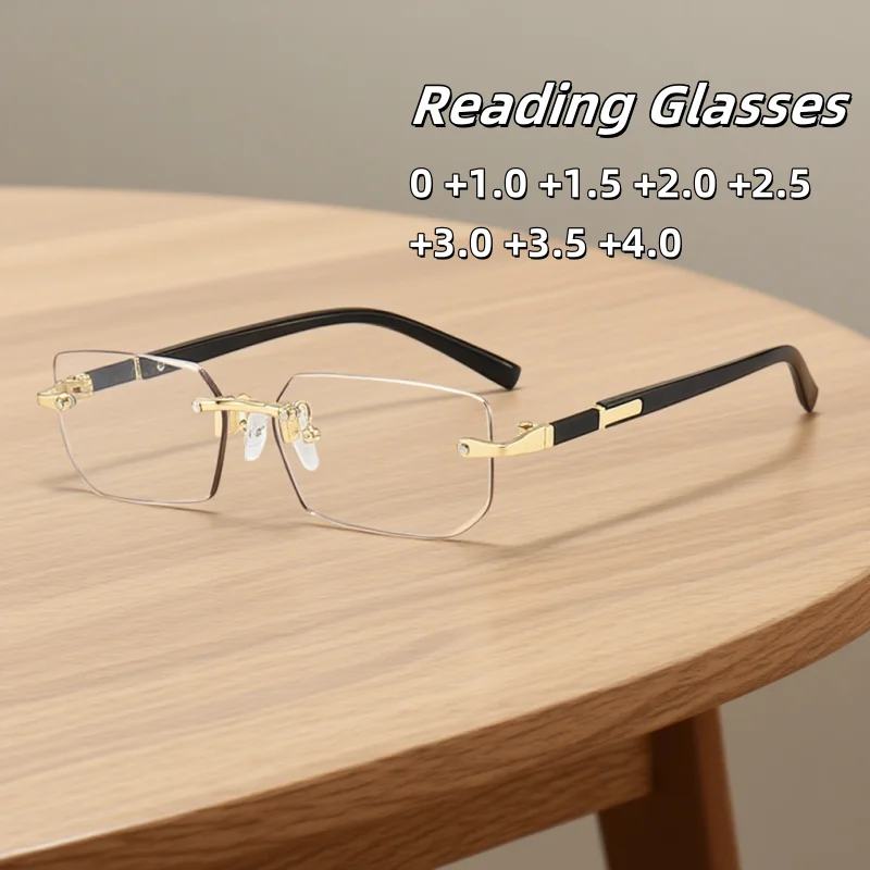 

Men's New Business Reading Glasses Fashionable Frameless Cut Border Blue Light Glasses Optical Prescription Eyeglasses 0 TO +4.0