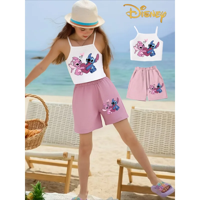 3 Potong Set Musim Panas Anak Perempuan Kartun Disney Stitch dengan Tank Top dan Celana Pendek Bertali - Penting untuk Aktivitas Luar Ruangan