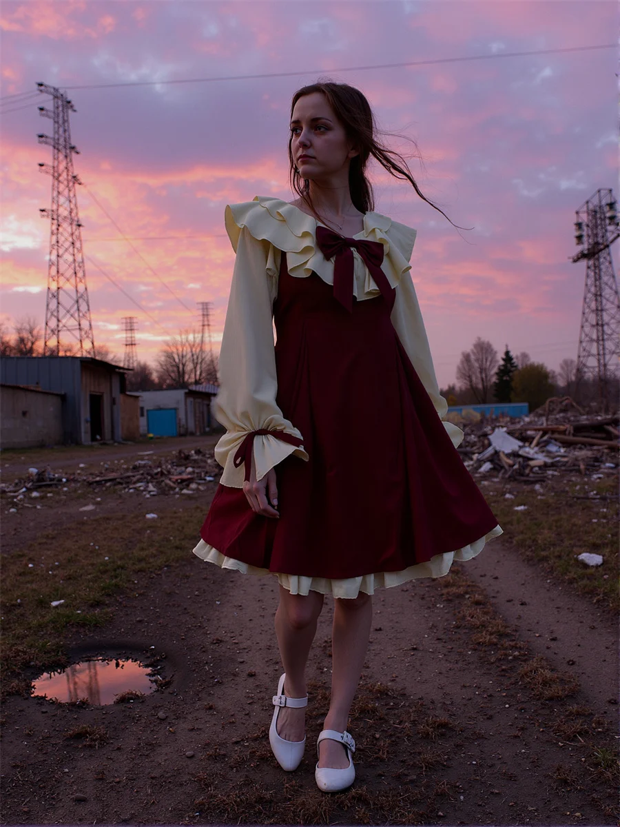 فستان نسائي للفتيات على الطراز الكوري أنيق بحافة منتفخة وربطة عنق وتفاصيل أمامية وخلفية وخصر لطيف جميل وحلو أنثوي جرلي #3