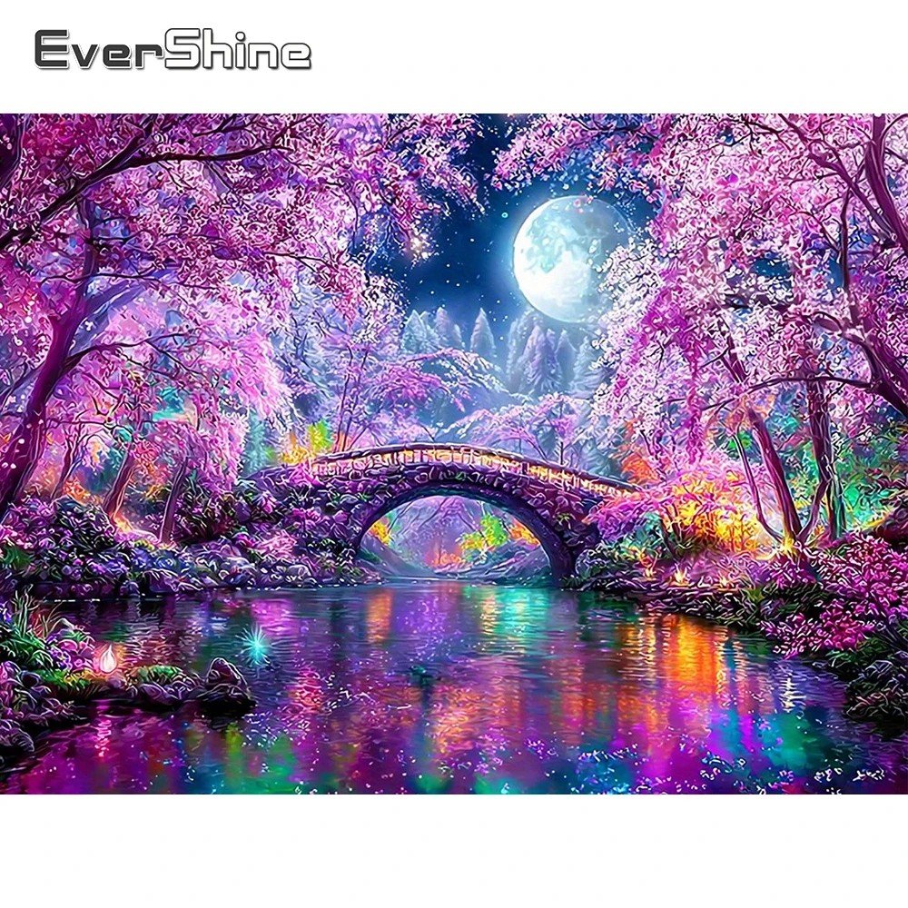 EverShine Diamant-Mosaik Landschaftsbild mit Vollbesatz, Brückenmotiv, Strass-Stickerei, Kirschblüten, DIY Mond Heimdekoration