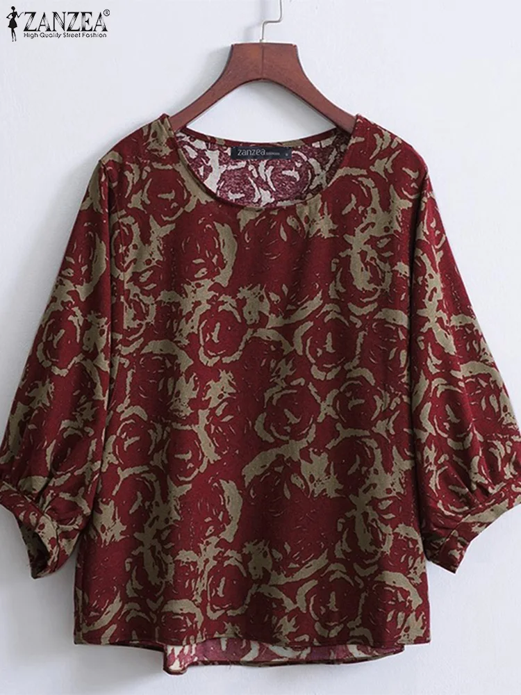 

Retro Women Blouses ZANZEA Summer Bohemian Printed Shirt Casual O Neck 3/4 Sleeve Baggy Blusas Vintage Holiday Tunic Tops Femme