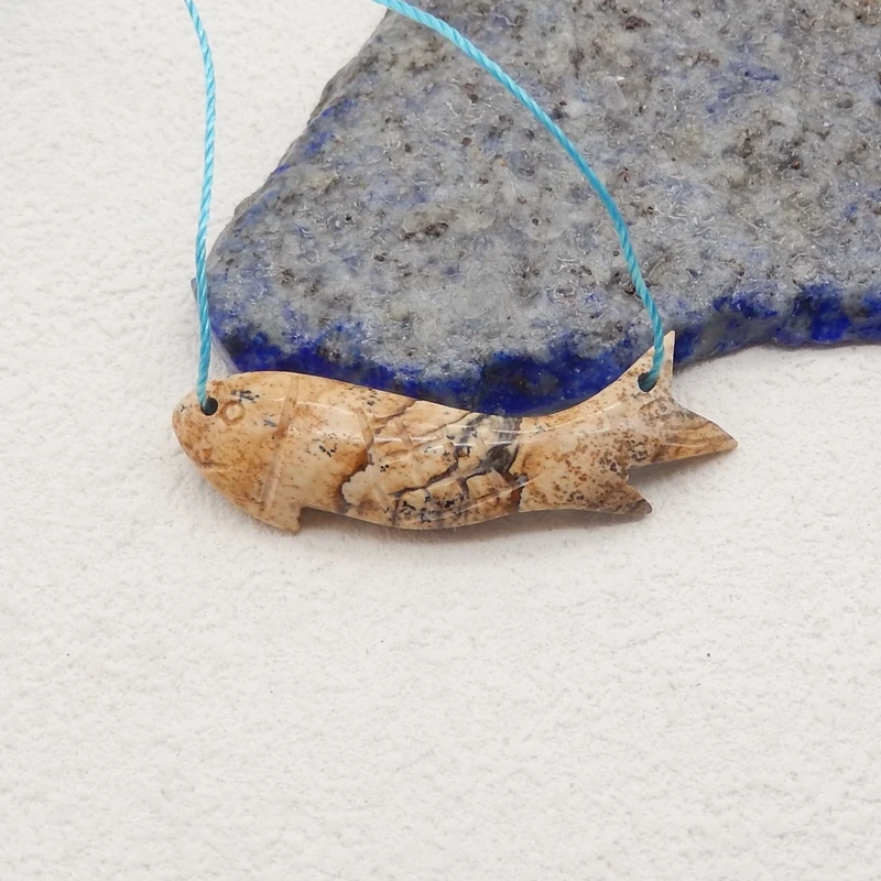 Carved Animal Pendant Natural Stone Picture Jasper Fashion Cute Fish Pendant DIY Jewelry Making 36x10x4mm 2g