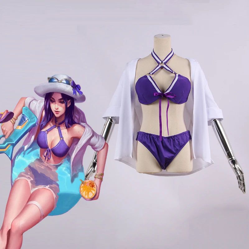 

LOL Caitlyn Cosplay Swimsuit Sexy Women Halter Neck Bikinis Set with Cardigan Pool Party Purple Bathing Suit Halloween Swimwear