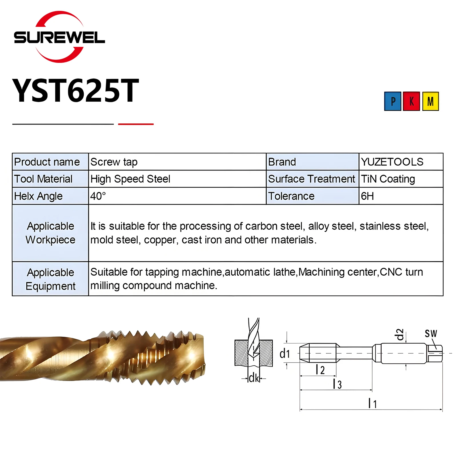 HSSE Spiral Tip Fluted Taps, Manual Tap Material, Beveled Thread Taps, Tools, Tin Coating M3 M4 M5 M6 M8 M10 DIN Standard