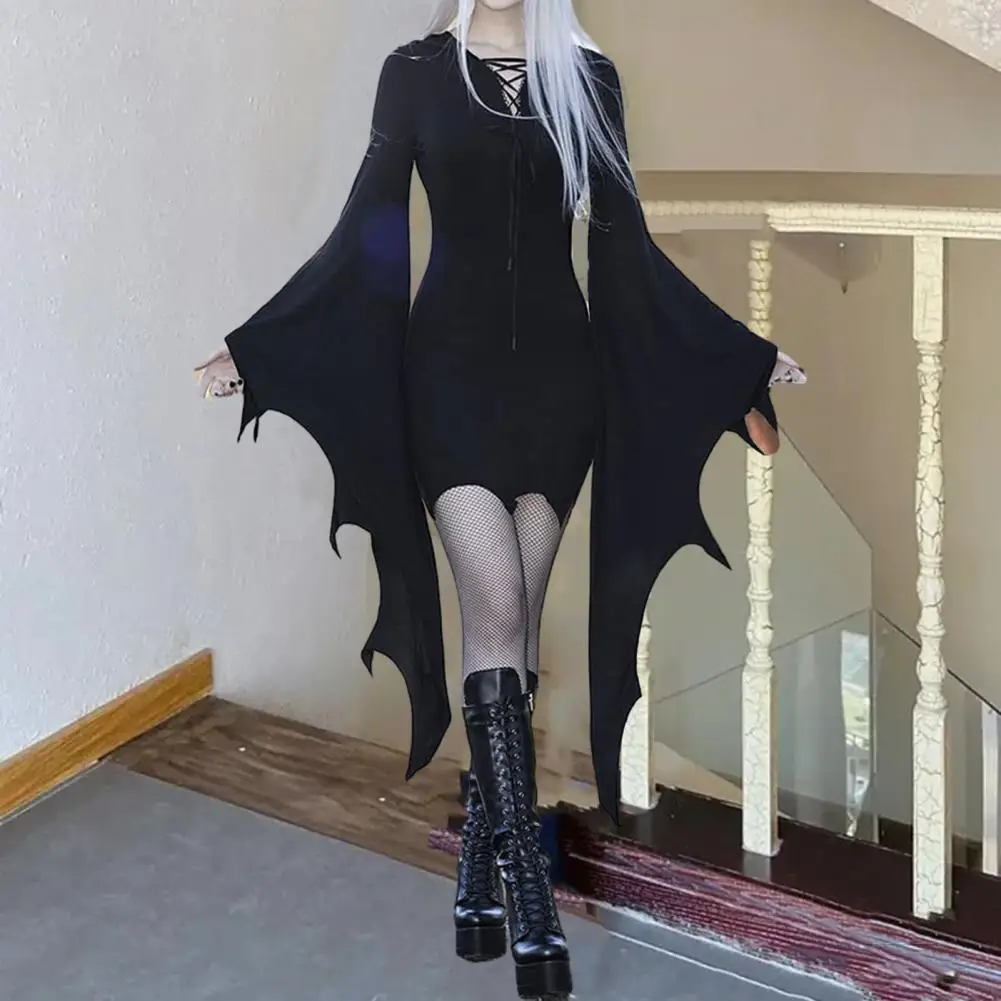 Robe Longue à Manches Chauve-Souris pour Halloween, Manchette Irrégulière, Gaine à Lacets, Coupe Cintrée, Costume de Cosplay