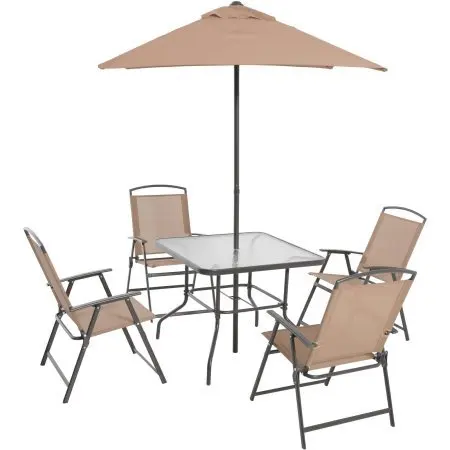 Juego de comedor plegable de 6 piezas, mesa de Patio, silla, paraguas, juego, decoraciones para exteriores