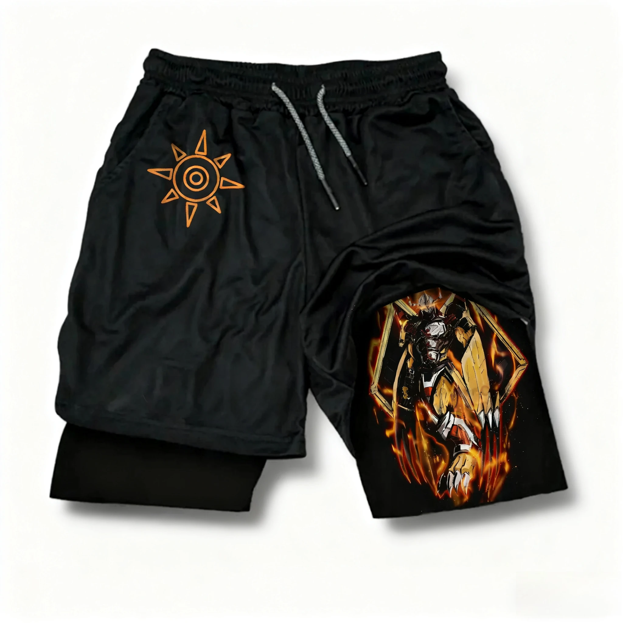 

Digimon Adventure Аниме Спортивные шорты 2-в-1 Летние мужские быстросохнущие дышащие двухслойные шорты с принтом New War Greymon