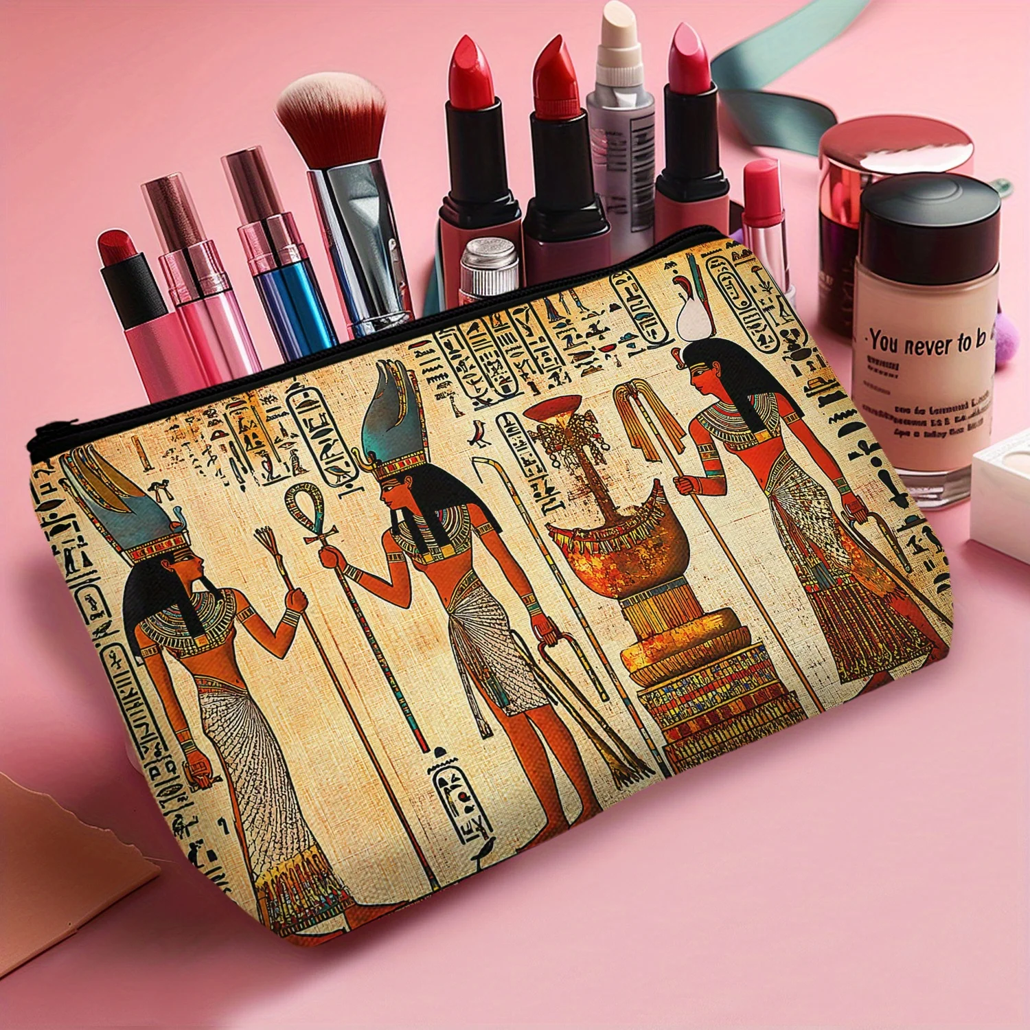Egyptian Pharaoh God Hieroglyphs Makeup Bag Polyester Casual Cosmetic Pouch with Zipper Closure, Ancient Egypt Mythology Design