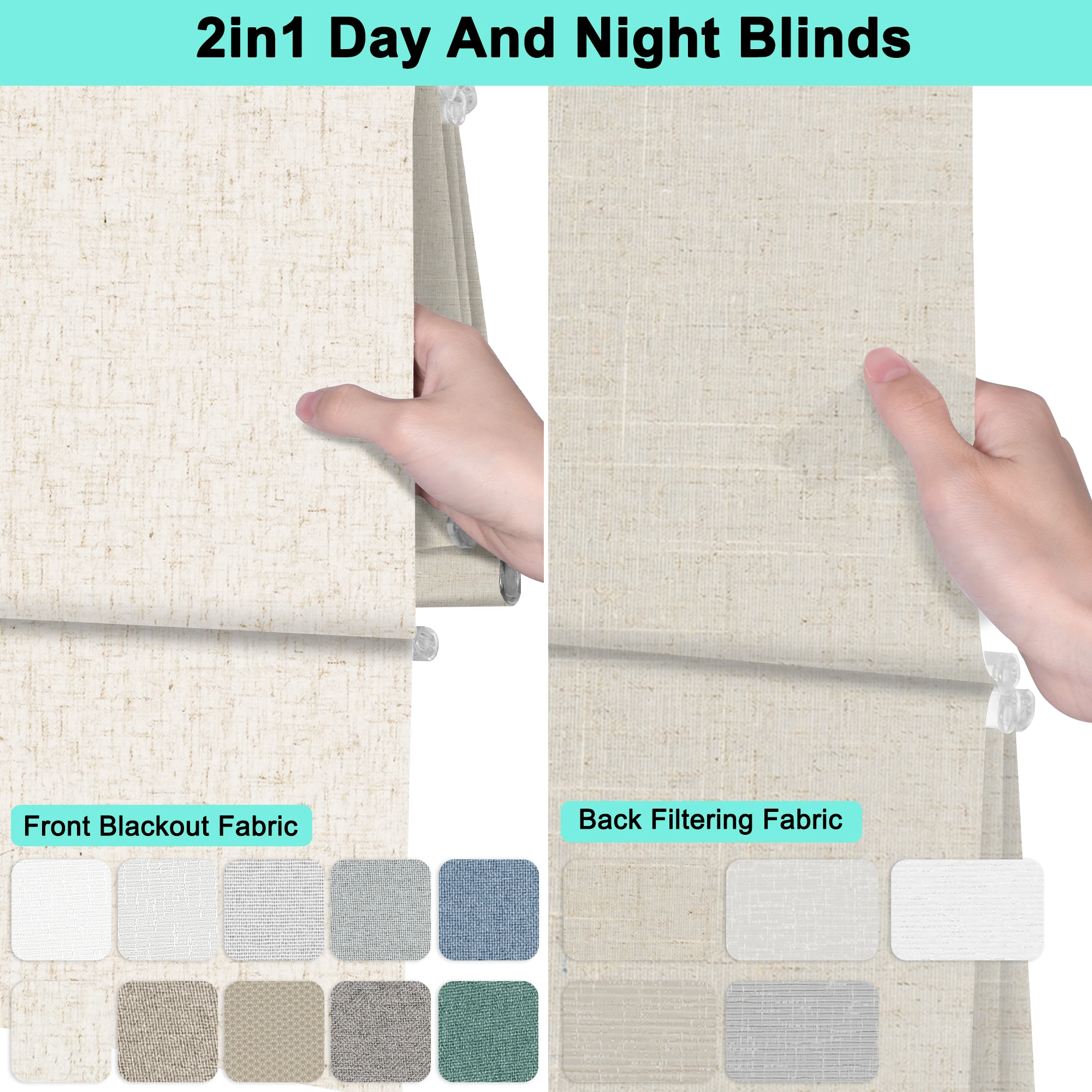 Day/Night Roman Shades, 2‑In‑1 Blackout & Light Filtering Roman Blinds Cordless Curtains, UV‑Protection Privacy Window Blinds
