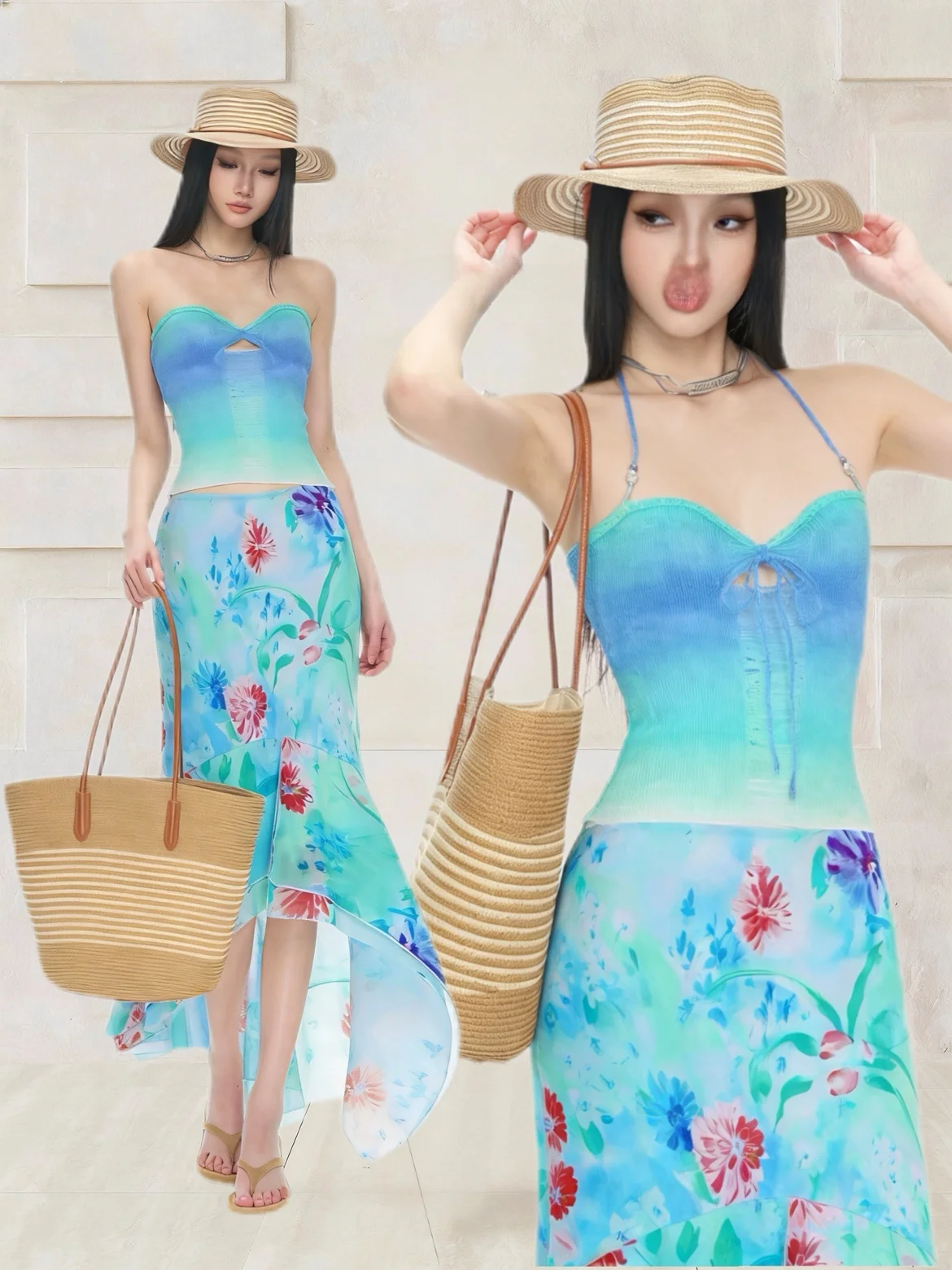 

Spicy Girl Hollow out Belted Gradient Floral Tube Top Tank Vest Skirt Set Elegant Style Long Sleeve V-Neck Slim Fit Summer Ca...