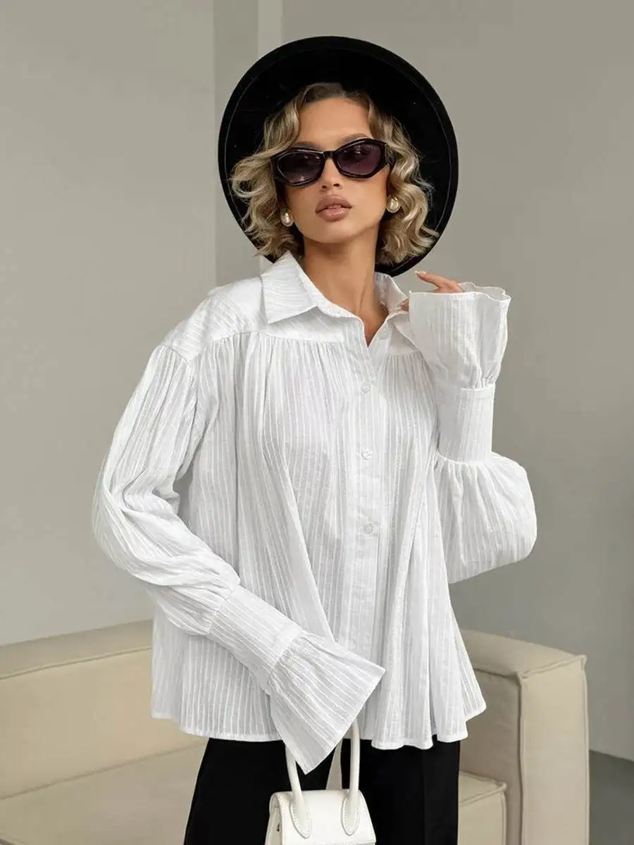 

French Cotton Women's Loose Lapel irt Design Top Long Sve Commute Sle Mid-Length Pure Color irt