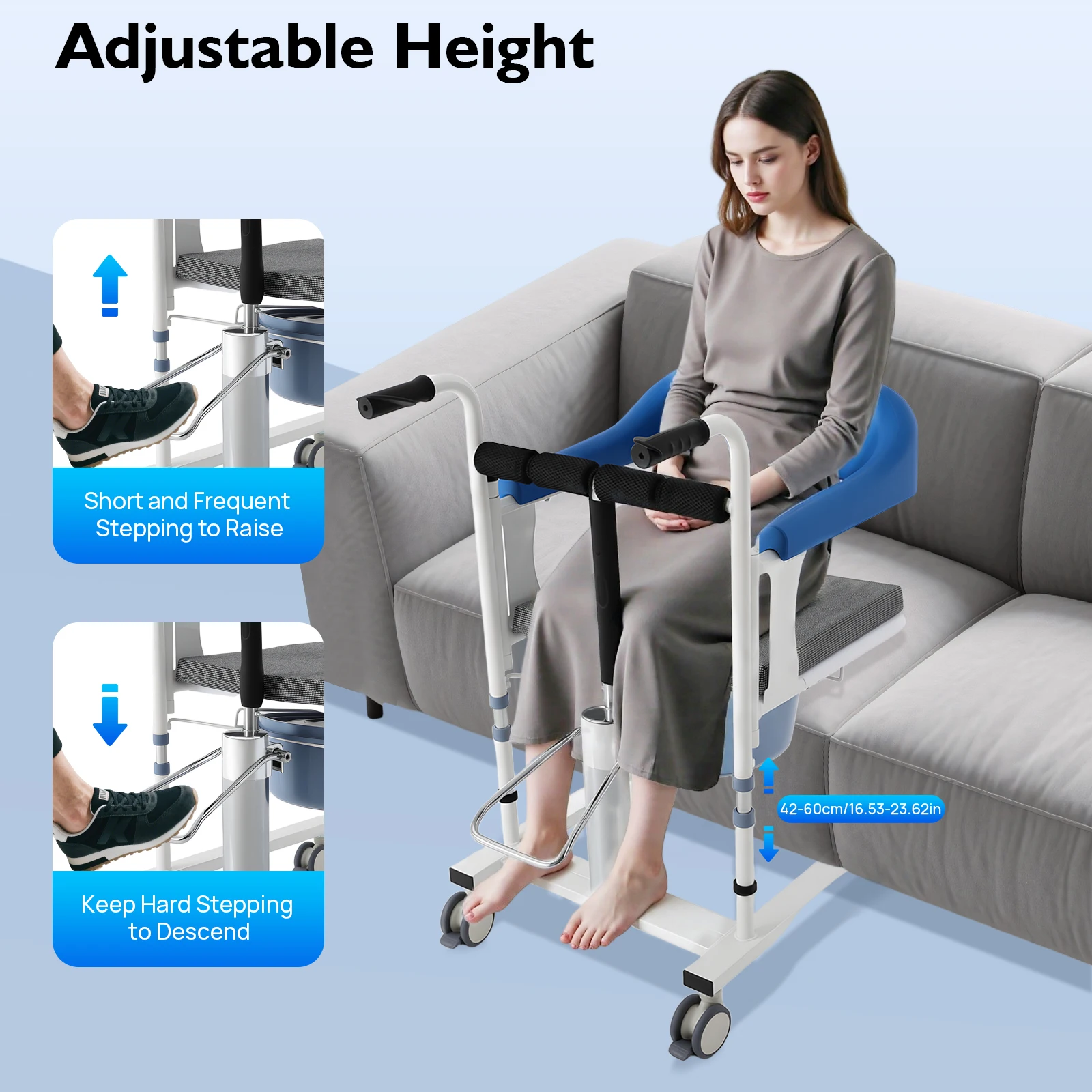 Chaise élévatrice hydraulique pour patient avec frein de roue, capacité de charge de 100 kg, chaise de toilette réglable en hauteur pour personnes âgées, handicapées, soins infirmiers