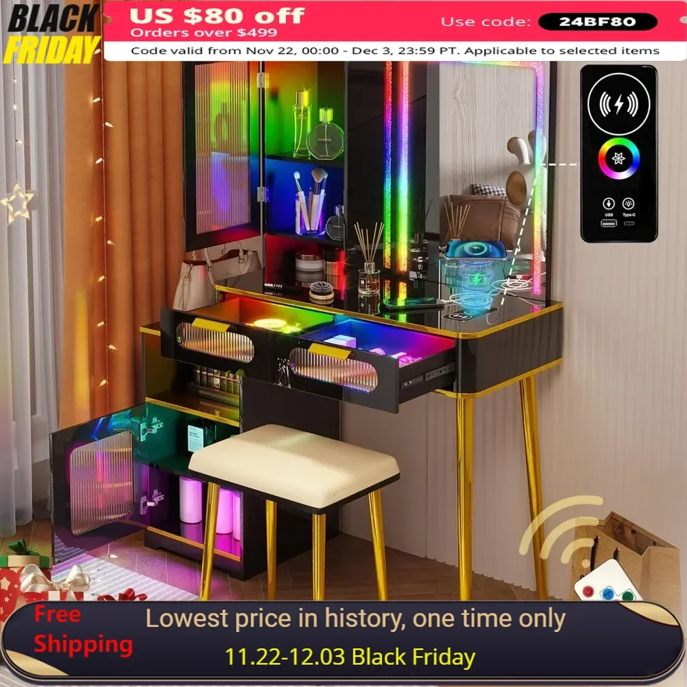 

Vanity Makeup Desk with RGB Lights and Drawers, RGB Makeup Desk with Charging Station & Sensor Mode for Bedroom Dressers