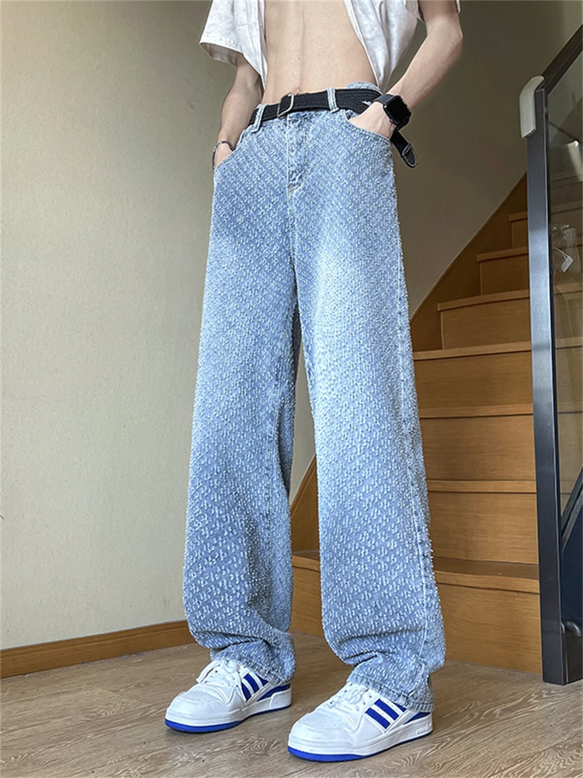 

Premium Feel Embroidered Denim Jeans Men's Street Sle Haome American Trendy Wide Leg Loose Straight Casual Long Pants
