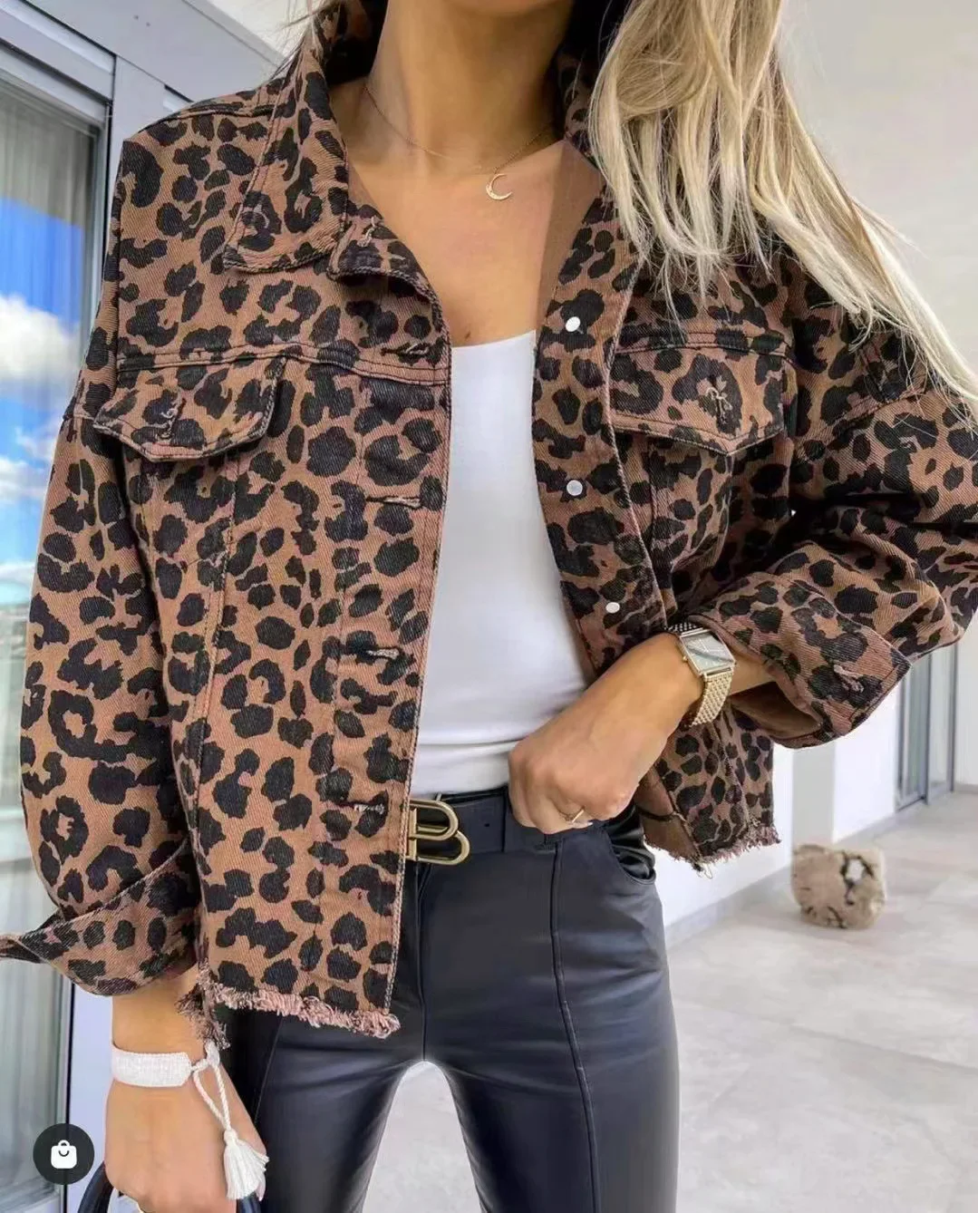 Autumn Vintage Denim Jacket For Women Loose Leopard Print Jeans Long Sleeve Boyfriend Coat Distressed Lapel Shacket Denim Coats