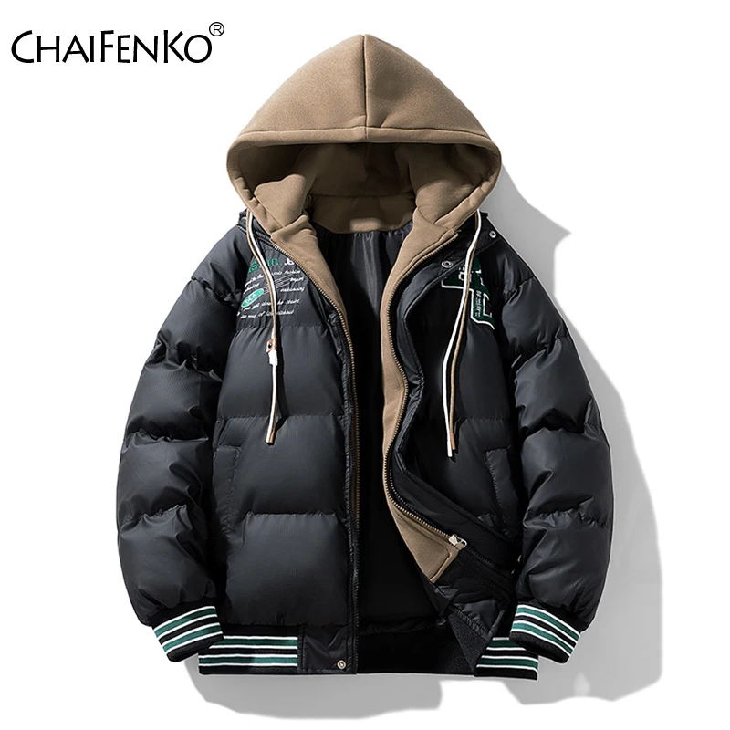 2024 New Fake Two Items Hooded Keep Warm Thickening Cotton Clothes Man Winter Fashion Leisure Solid Color Versatile Parkas Man