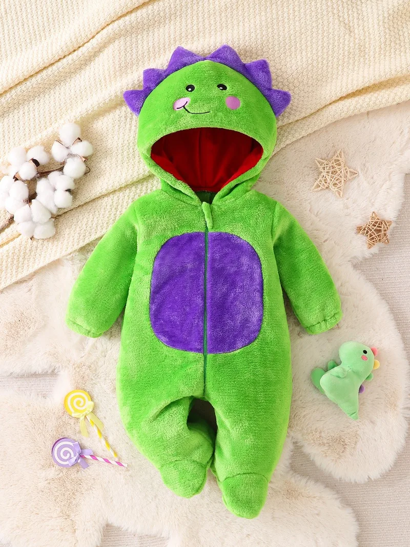 Baby Green Dinosaur Costume Romper with Purple Spikes Hooded Plush Footed Jumpsuit Cute Winter Warm Playsuit 0 24 Months