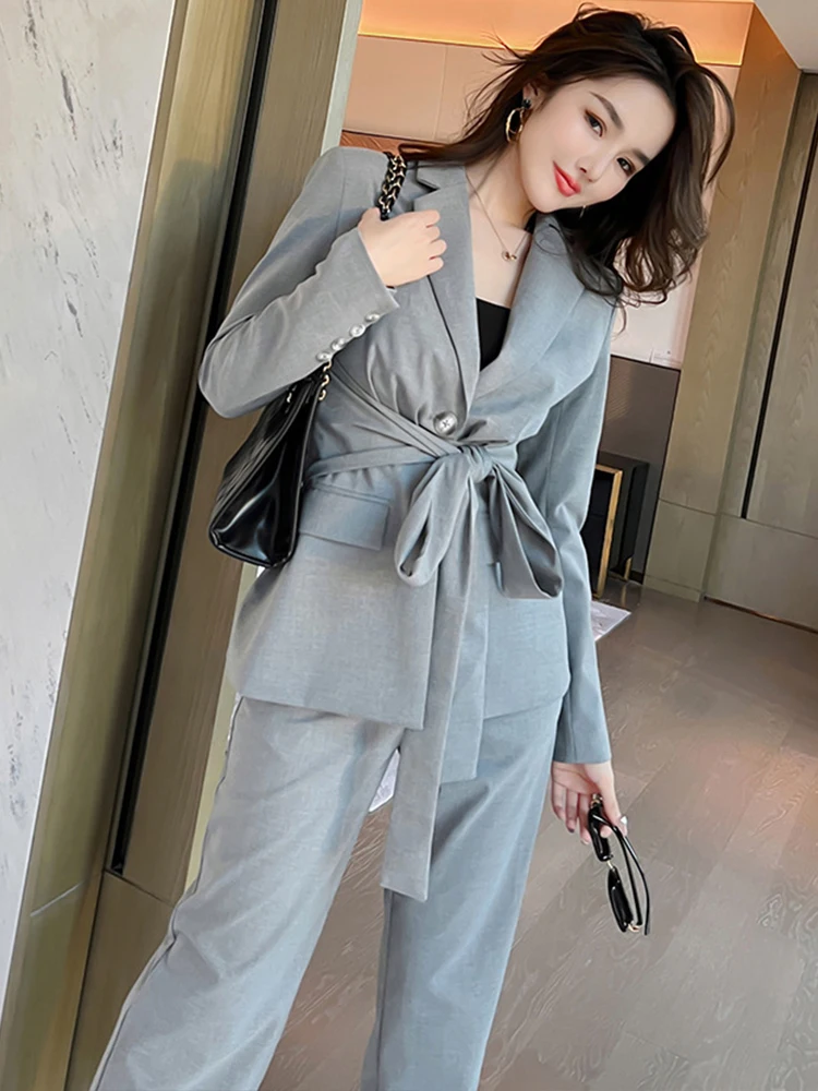 Vestito per le donne 2023 Casual OL professionale grigio cintura tessuta blazer pantaloni lunghi femminili set ufficio lavoro lavoro Femme vestiti