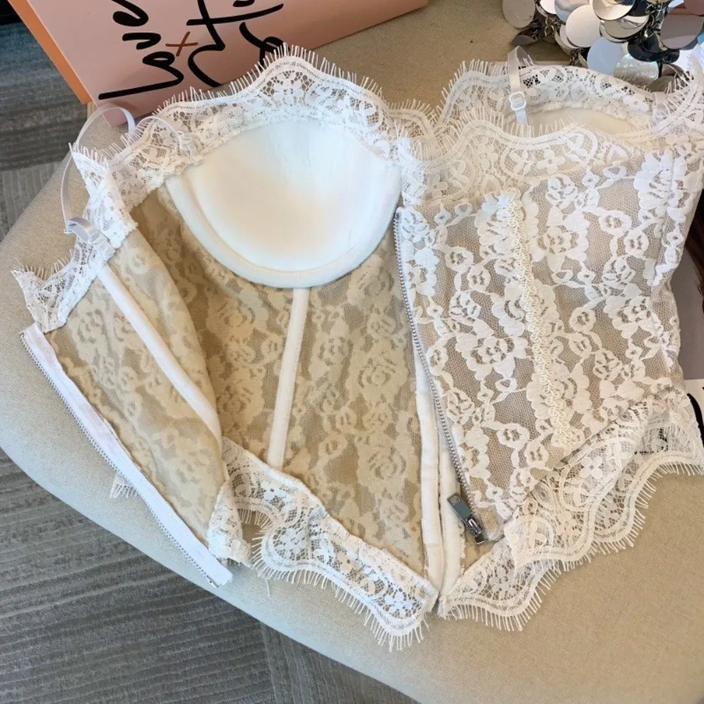 Elegant Transparent Lace Camisole Slim fit Fishbone Crop Tops Sleeveless Suspender Vest Travel