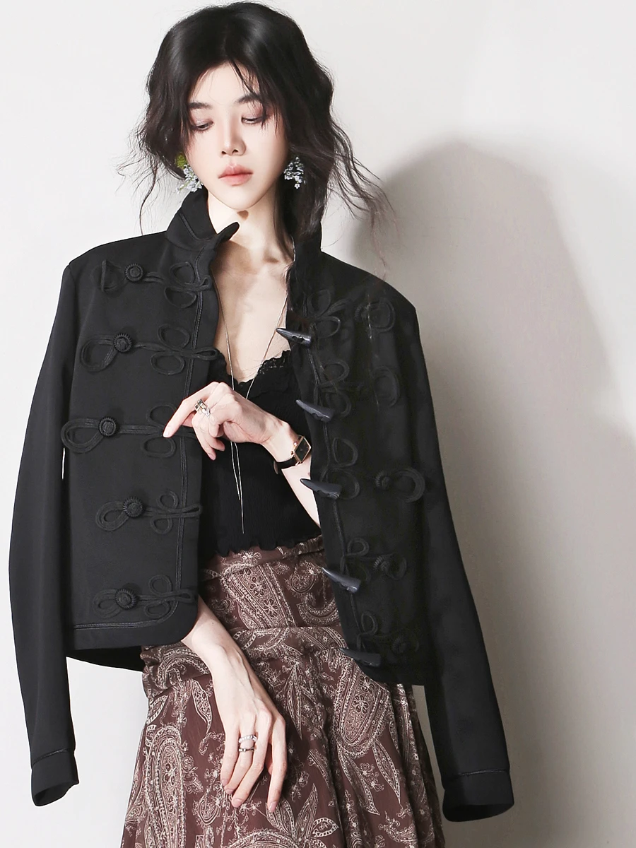 

Новая женская куртка в китайском стиле: приталенная, прямого кроя, с длинными рукавами, короткое пальто с пуговицами и воротником-стойкой