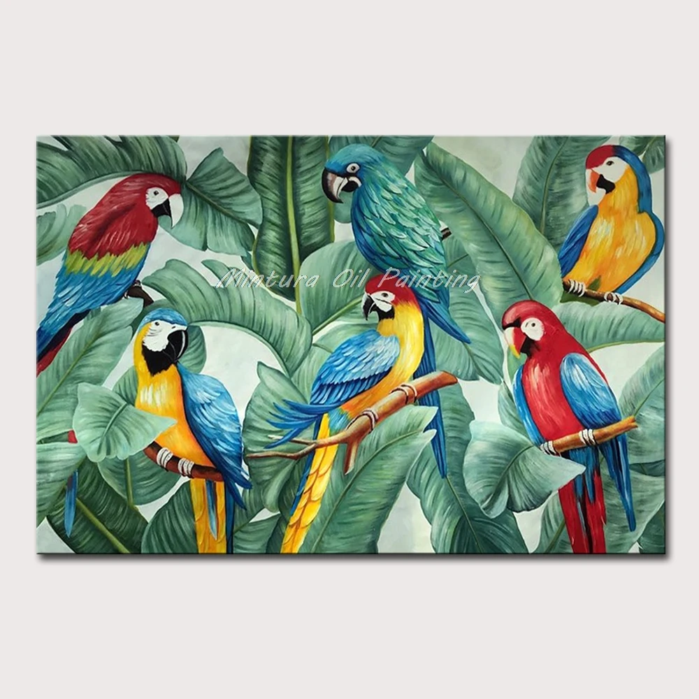 

Mintura Oil Paintings on Canva Handmade Six Beautiful Parrots on The Branch Wall Art,Animal Painting Hotel Decoration No Framed