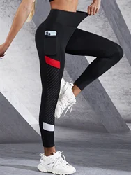 Patchwork Color Contrast Women's Leggings High Waist With Side Pockets Tummy Control Fitness Exercise Cycling Yoga Pants