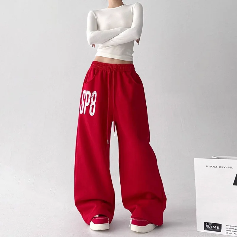 

American Letter Red Pant Women High Waist Hip Hop Streetwear Loose Wide Leg Trousers Vintage Pockets Pants Joggers Women