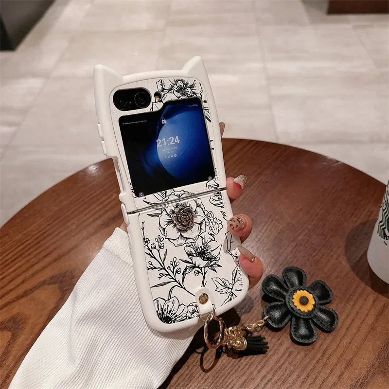 Casing ponsel sketsa bunga untuk Samsung Galaxy Z Flip 6 5 4 3 penutup belakang pelindung untuk ZFlip4 ZFlip5 ZFlip6 casing