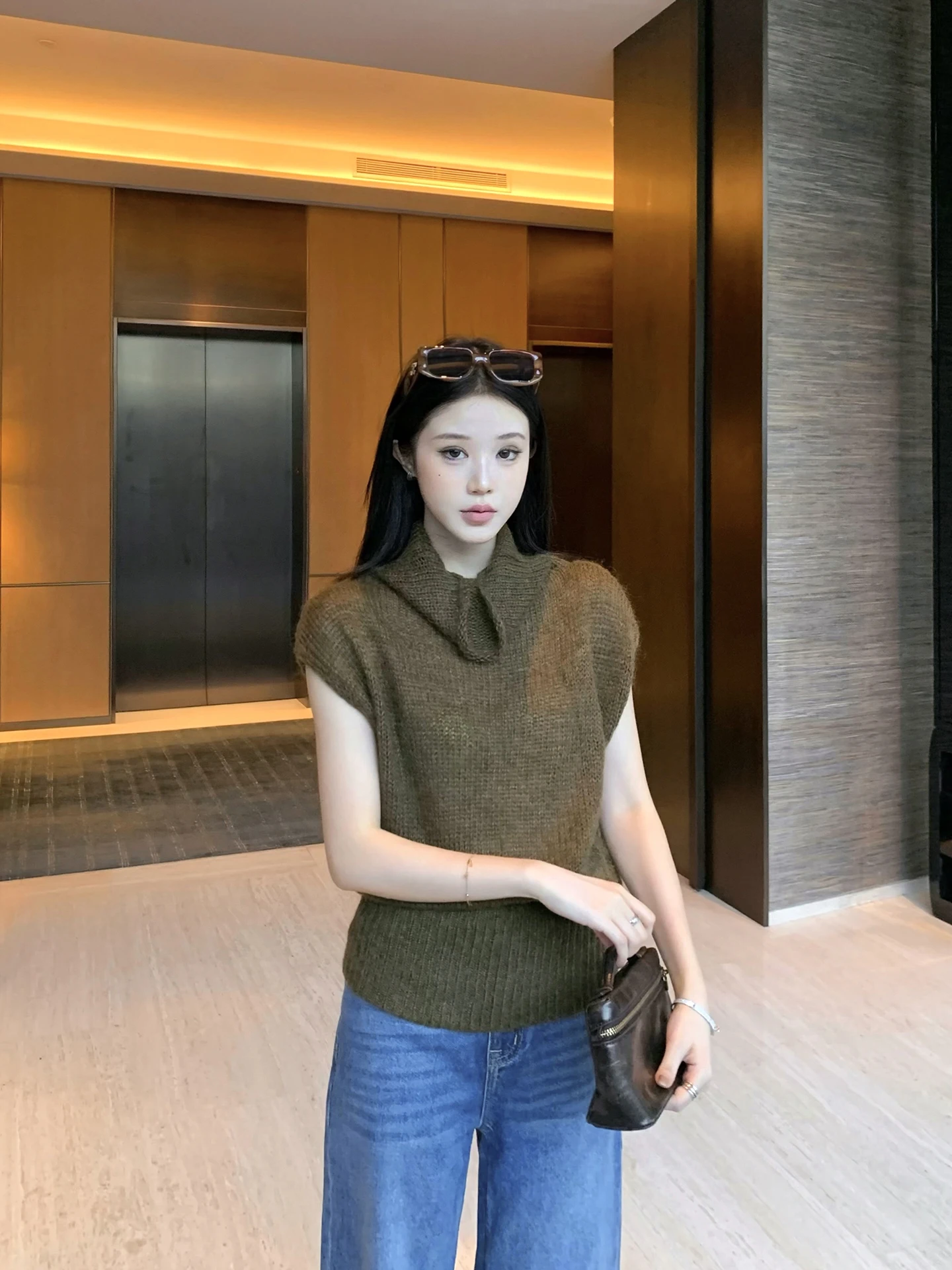 

BULENG Women's High Collar ort Sve Knitted Vest Autumn Winter Layering Versatile Top Loose Fit Pure Color Teen Girls