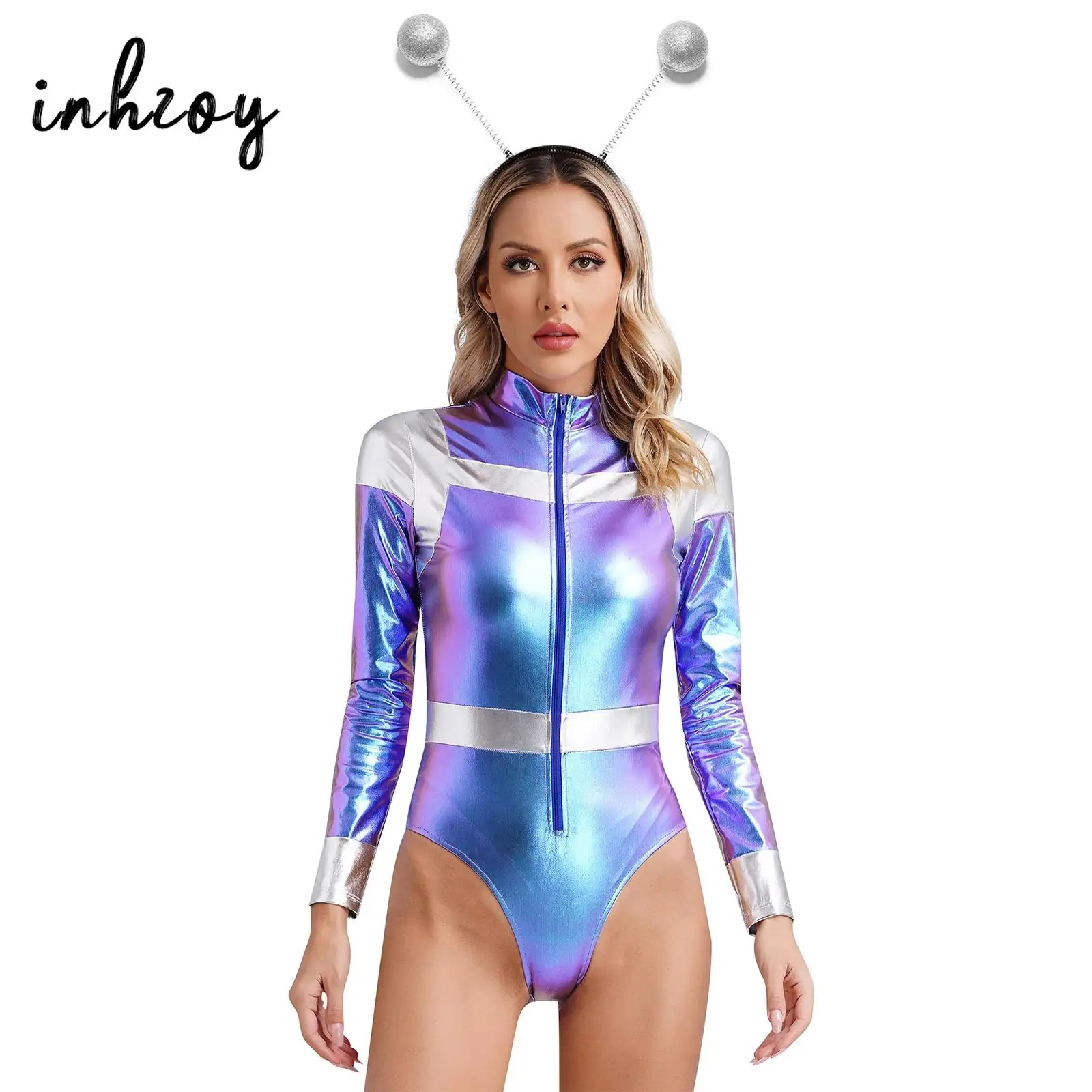 

Womens Alien Cosplay Costume Outfit Space Astronaut Bodysuit Uniform Metallic Shiny Contrast Jumpsuit Halloween Cosplay Dress Up