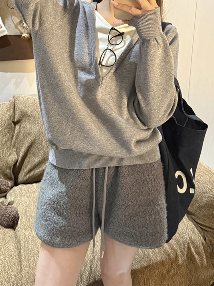 شورت نسائي من فرو الضأن الصناعي عالي الخصر لباس خارجي سروال ساخن، شورت صوف دافئ للخريف والشتاء على الموضة الكورية #4