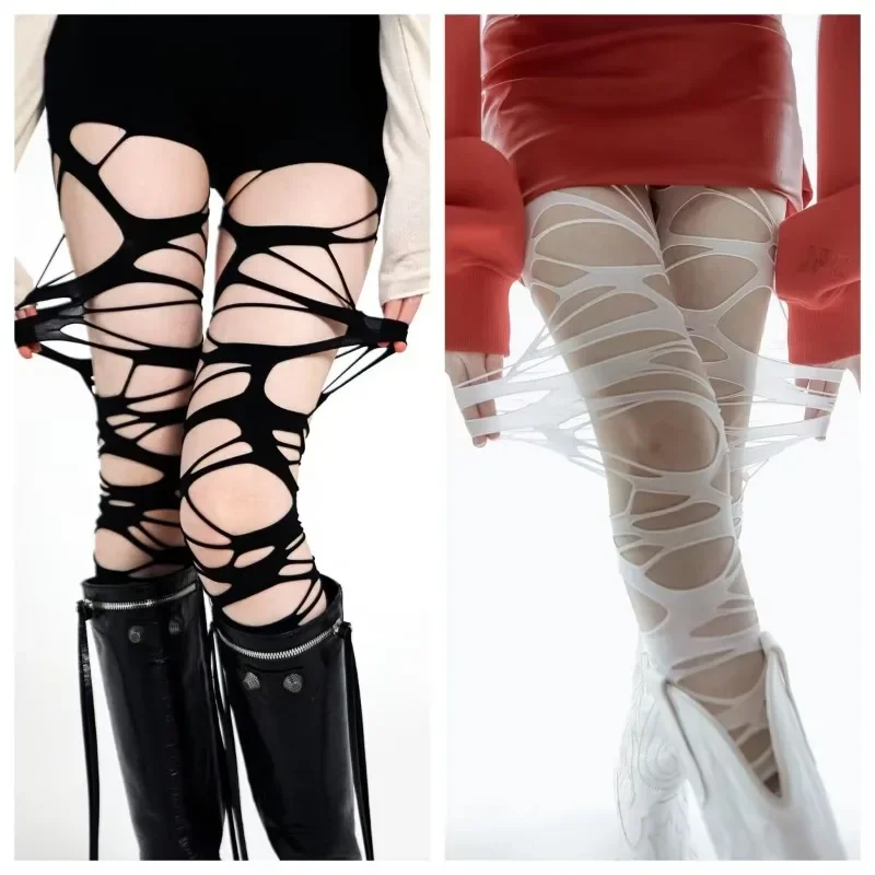 Punk Torn Strap Ragged Stockings for Woman Y2K Gothic Sexy Black Thigh High Socks Hollow Out Hosiery Lingerie Mesh Pantyhose