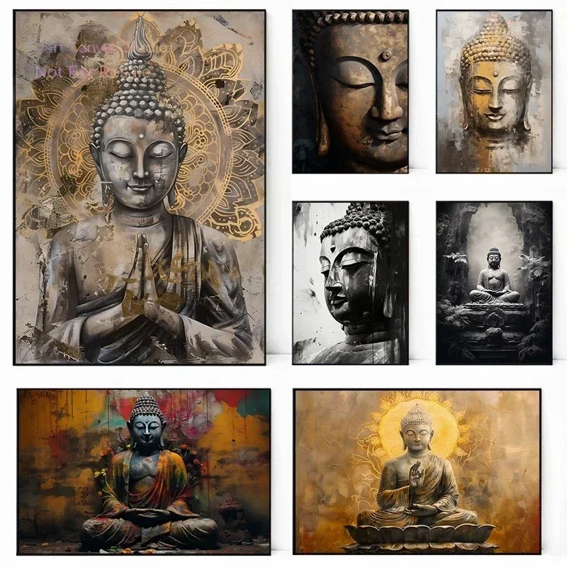 Abstract Meditating Buddha Statue Sitting Lotus Religious Poster Canvas Painting Wall Art Picture Modern Room Home Decor Cuad
