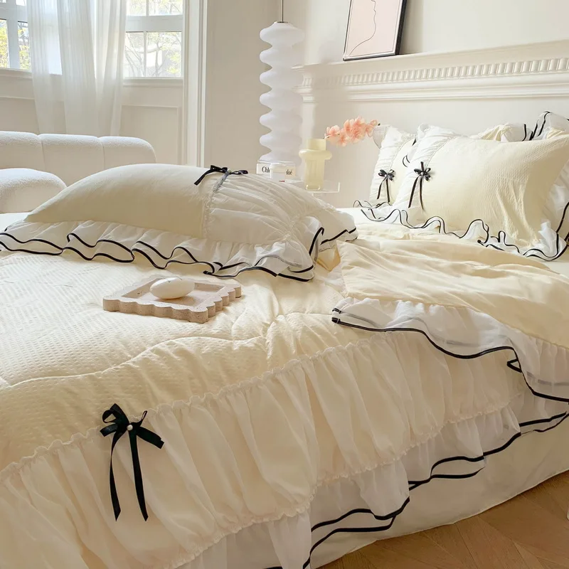 

Summer Comforter Set Korean Princess Style Bow Blanket Set Home Textiles Thin Quilt Bed Sheet Pillowcase 4pcs Bedding Set