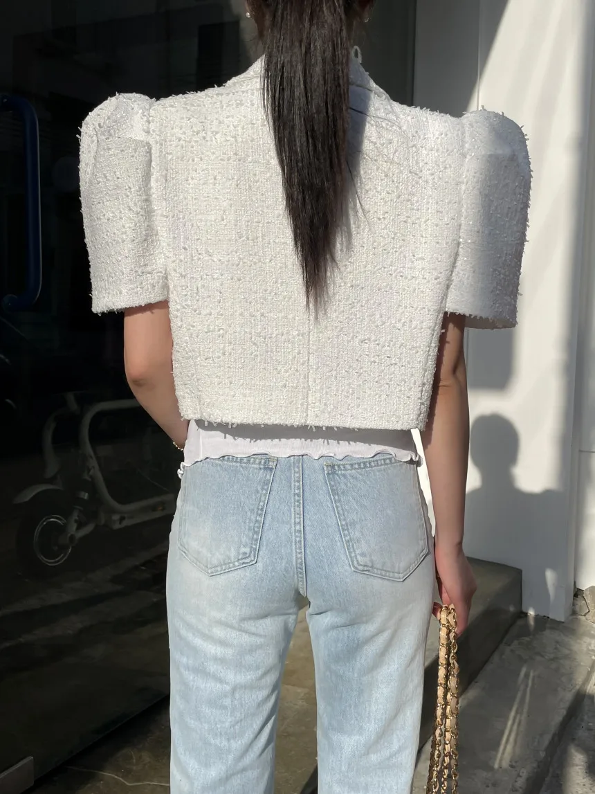 Korea Temperament White Tweed Short Puff Sleeve Jacket Crop Top 2024 High Quality Summer Women Elegant Office OL Outwear Clothes