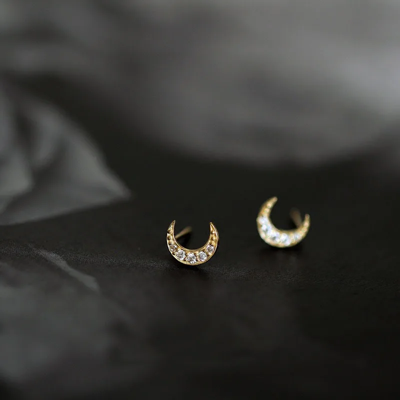 925 Silver Needles Ear Piercing Zircon Moon Butterfly Flower Gold Color Stud Earrings for Women Sweet Fashion Girl Jewelry Gift