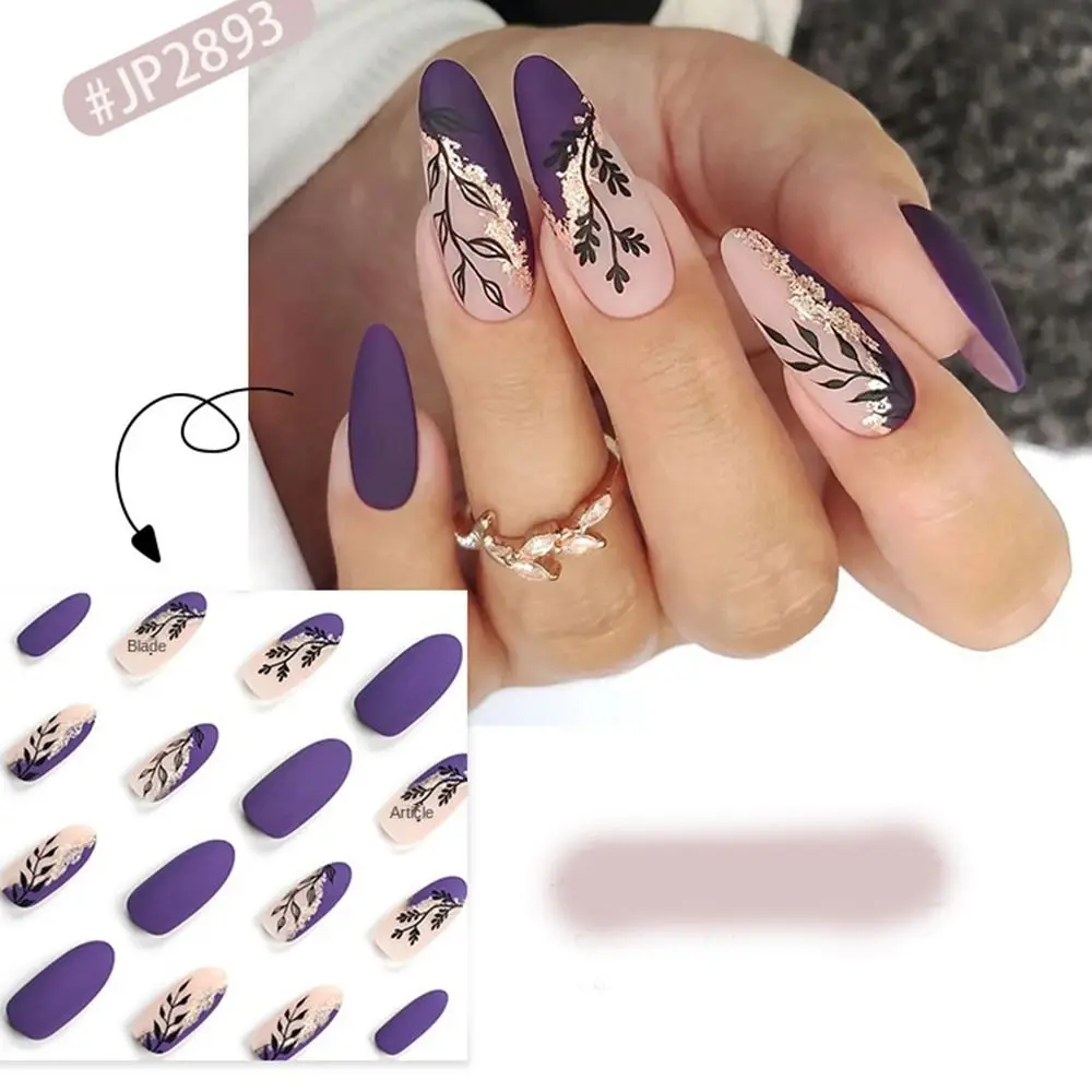 Manicure Unghie finte ovali lunghe French Gold Glitter False Nials Staccabili Foglia viola Stampa sulle unghie Fai da te