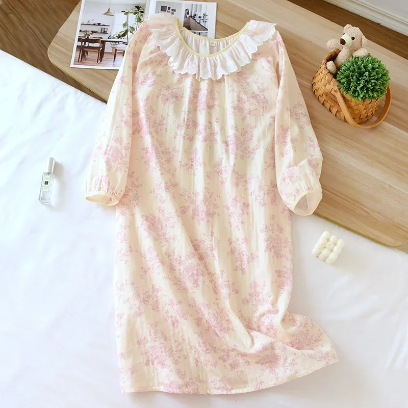 2025 Spring/Summer New Women's Sleeping Skirt 100% Cotton Long Sleeve Skirt Sweet and Cute Medium Length Dress Sleepwear Women