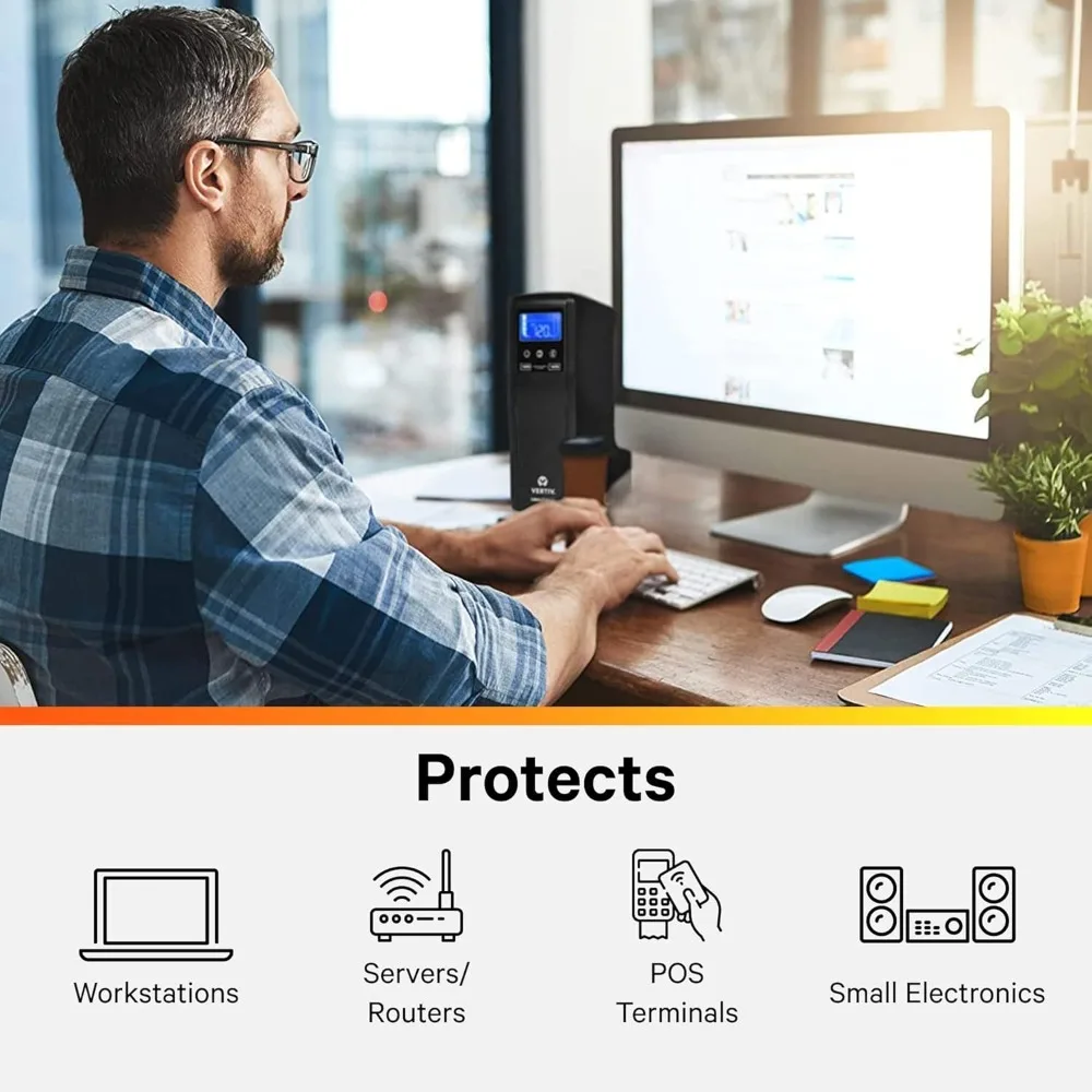 أجهزة الكمبيوتر وملحقاتها.1000VA/600W 120V Line Interactive AVR Tower UPS، 10 منافذ، 2 منفذ شحن USB، بطارية احتياطية