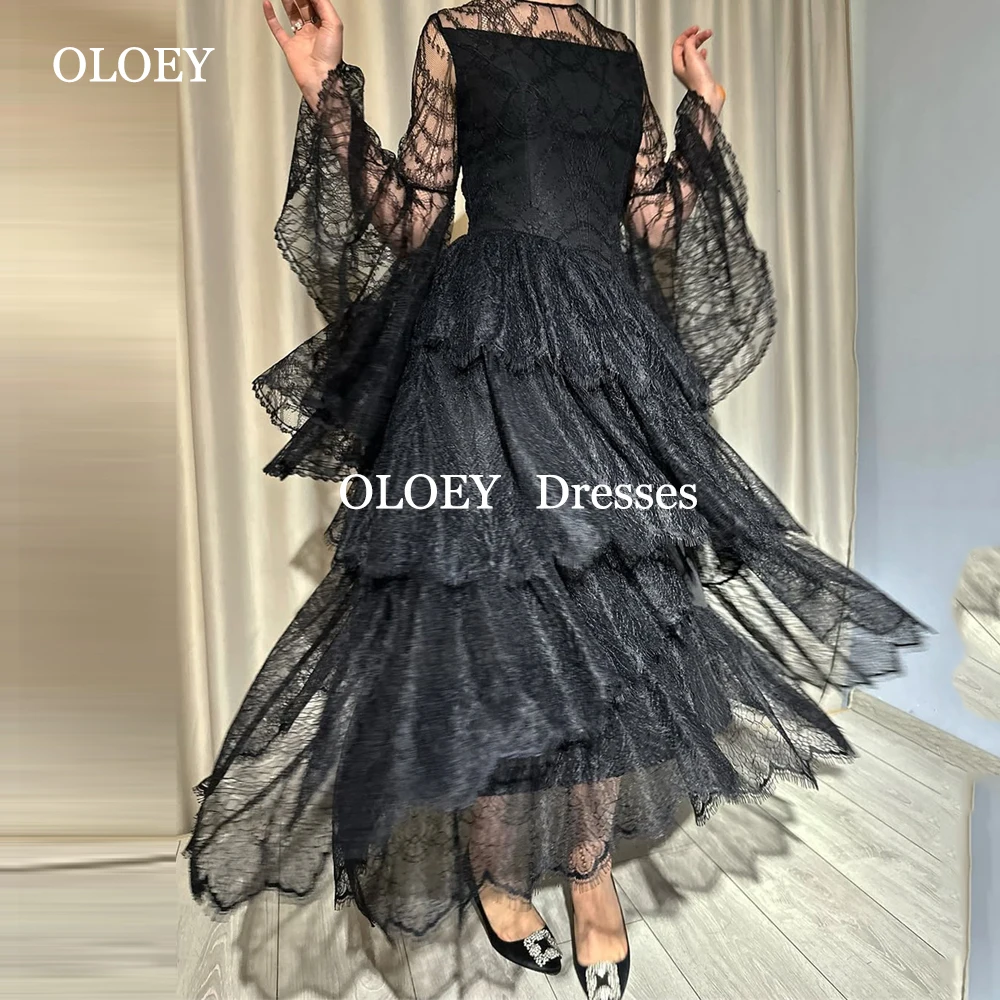 

OLOEY Elegant Black Layered Lace Prom Dresses O Neck Modest Wedding Party Gowns Batwing Sleeves Family Occation Gown Customized