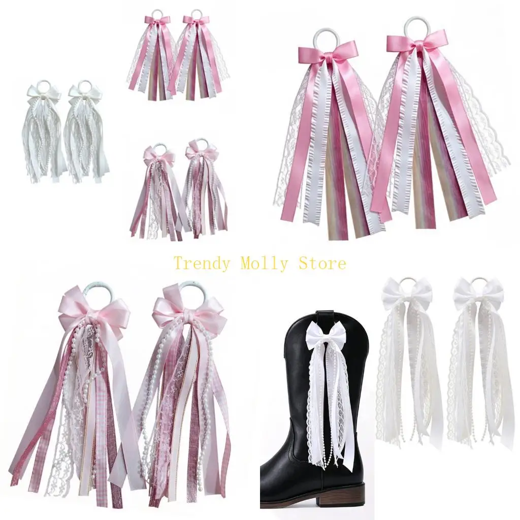 

N5KB Boot Cowgirl Shoe Flowing Ribbon Bows for Dancers Punk Bows Unisex Wear