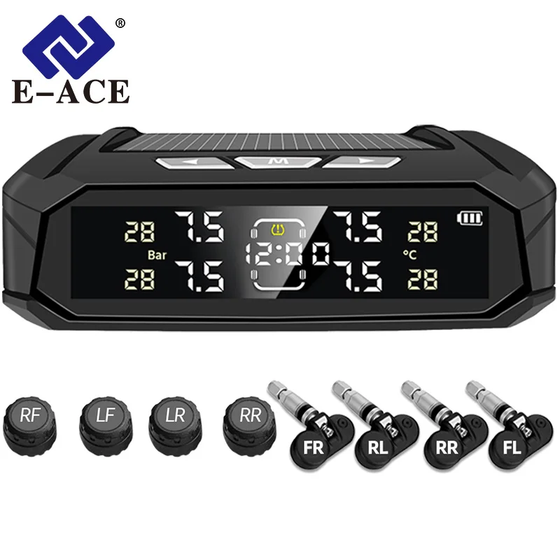 E-ACE carro tpms sensor 8 barra sistema inteligente para caminhão de carro com relógio eletrônico do carro sistema inteligente automático energia solar display lcd