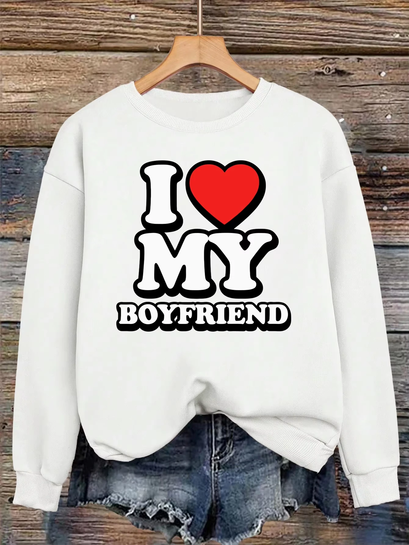 

I Love My Boyfriend Printing Women Pullovers Loose Fleece Sweatshirt Soft Autumn Woman Clothes Crewneck All-Match Y2K Sportswear
