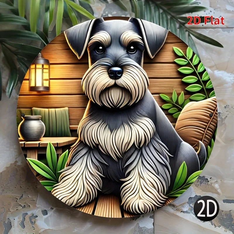2D flat print, 1pc, Round metal tin sign - Schnauzer Metal Dog sign - Durable round structure, beautiful wreath design, perfect